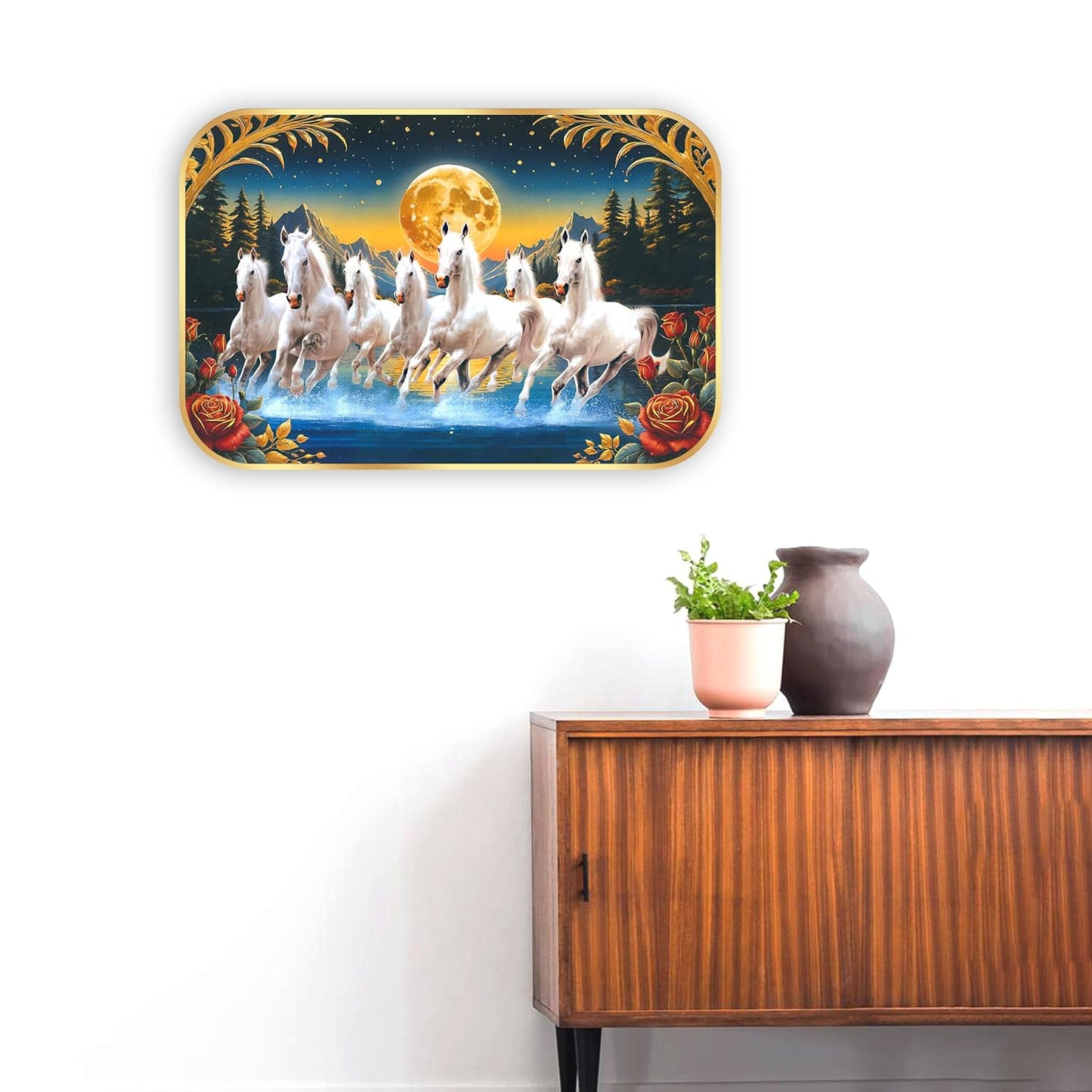 Indianara Seven Running White Horses Wall Art, Gold Frame, Night Scene with Moon, 45 x 30 cm (10914)