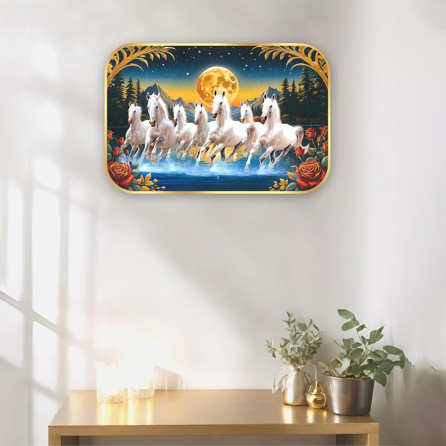 Indianara Seven Running White Horses Wall Art, Gold Frame, Night Scene with Moon, 45 x 30 cm (10914)