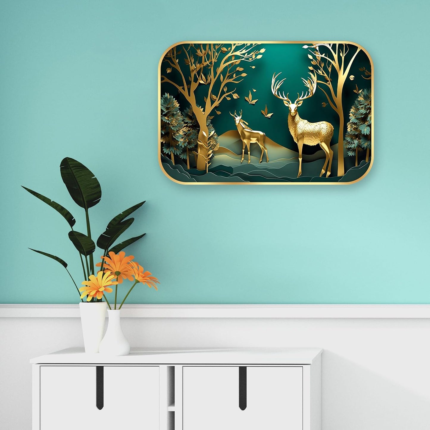 Indianara Golden Deer Forest Wall Art, Digital Print with Gold Frame, 45 x 30 cm, Emerald Green