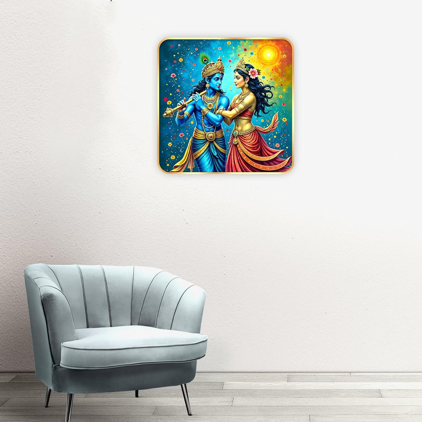Indianara Traditional Radha Krishna Art Print, Golden Frame with Premium Sparkle Lamination, 40 cm x 40 cm (6673)