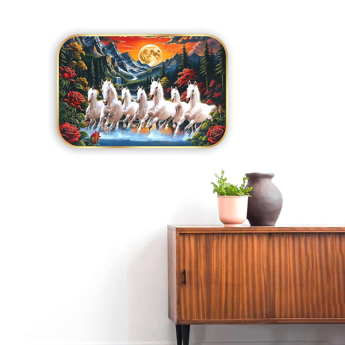 Indianara Seven Running White Horses Wall Art, Gold Frame, Night Scene with Purple Flowers, 45 x 30 cm (10913)