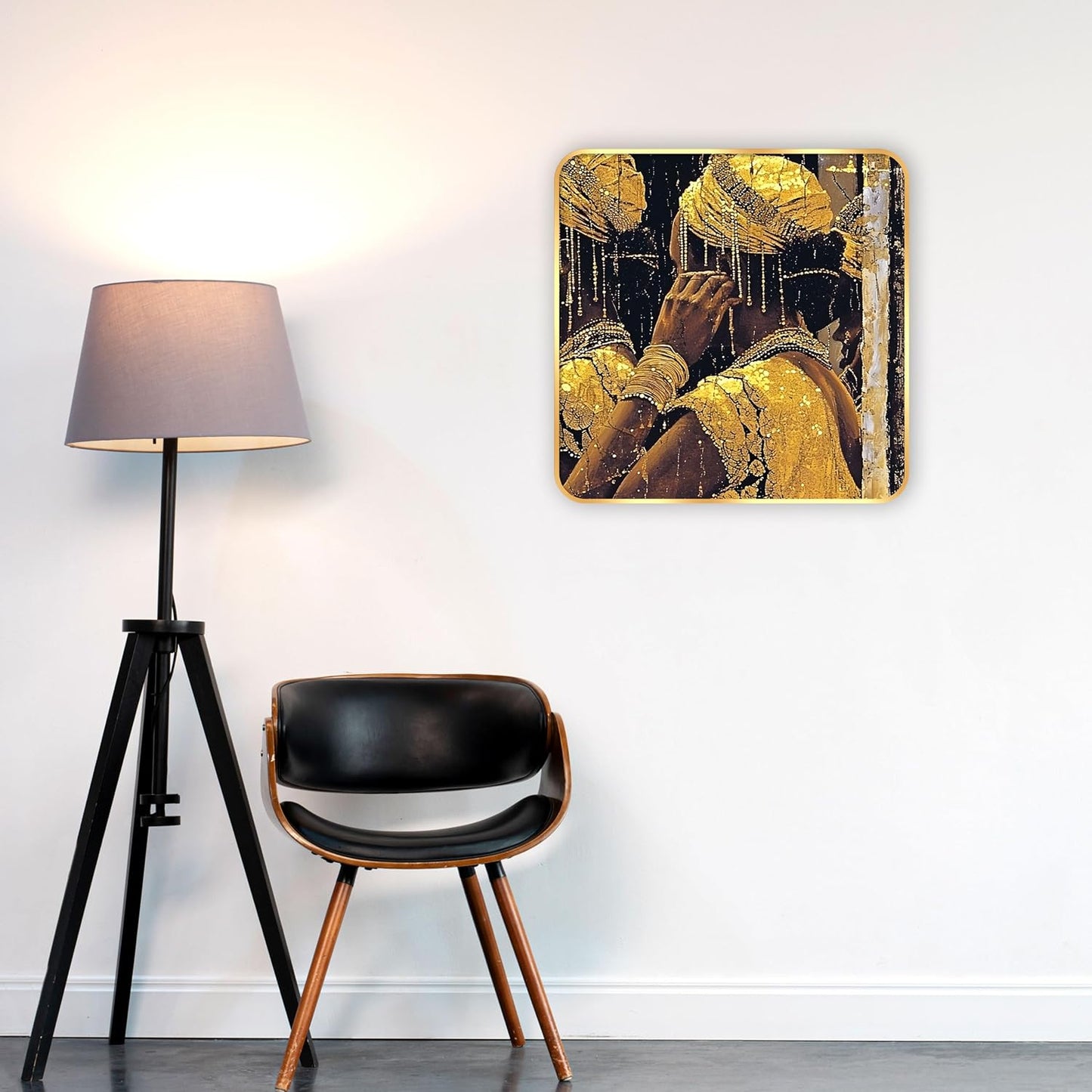 Indianara Tribal Art Wall Painting, Modern Design, Golden Frame, 40 cm x 40 cm, Premium Sparkle Lamination (6602)
