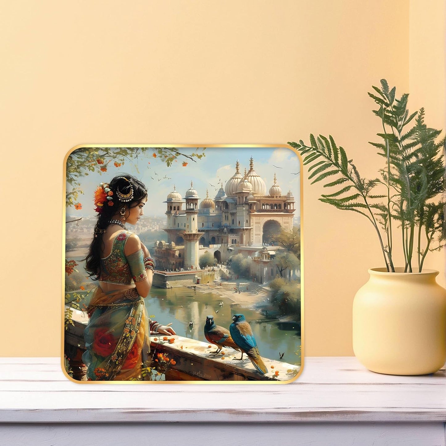Indianara Beautiful Indian Woman Art Print with Golden Frame, Traditional Portrait, 40 cm x 40 cm, Premium Sparkle Lamination (6607)