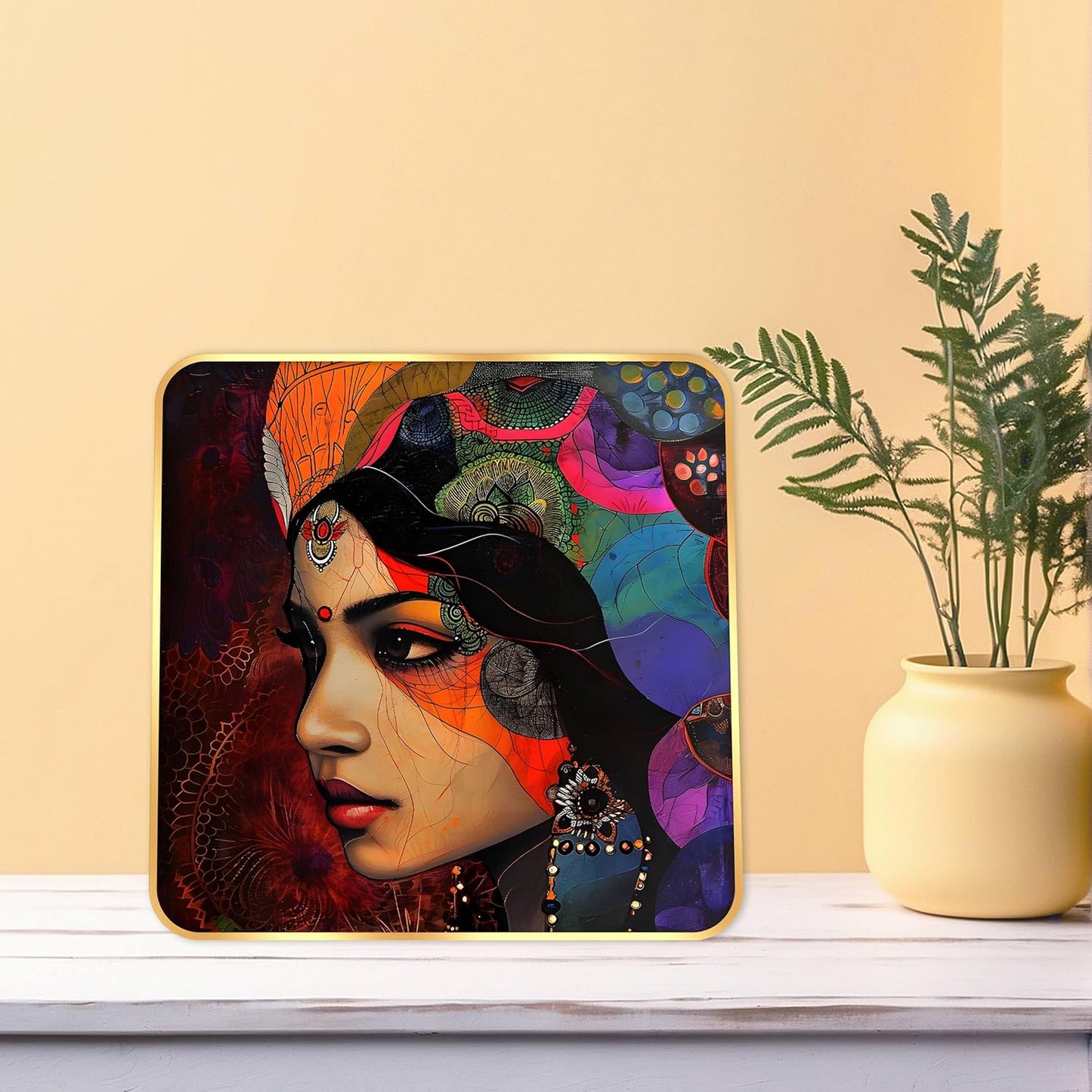 Indianara Beautiful Indian Woman Art Print with Golden Frame, Traditional Portrait, 40 cm x 40 cm, Premium Sparkle Lamination (6611)