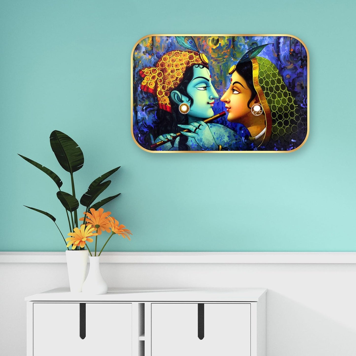 Indianara Traditional Radha Krishna Art Print, Golden Frame, Premium Lamination, 45 cm x 30 cm