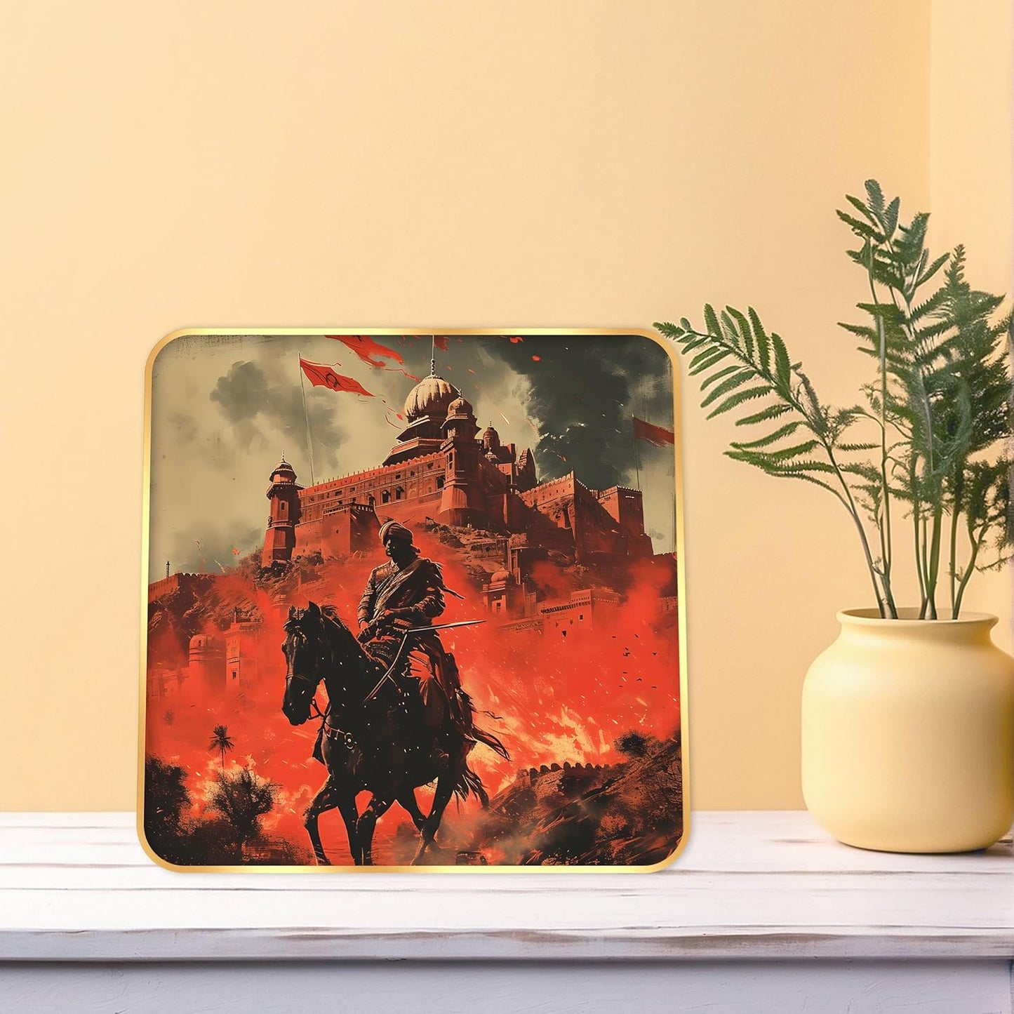 Indianara Historic Battle Scene Wall Art, Digital Print with Golden Frame, Premium Sparkle Lamination, 40 cm x 40 cm, (6608)