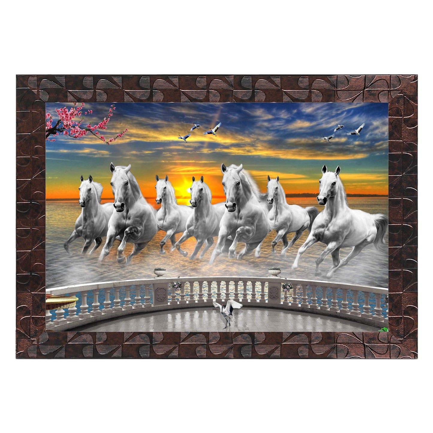 Indianara Vastu Seven Running Horses Painting -Synthetic Wood, 27x30.5x1cm, Multicolour (Style 5)