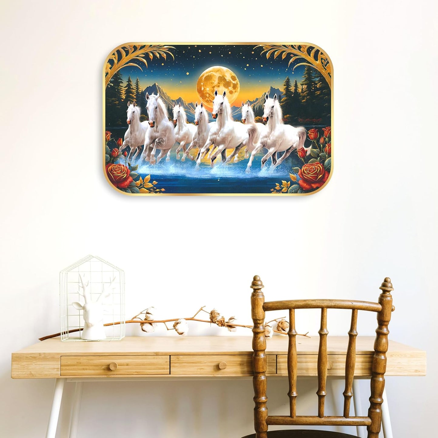 Indianara Seven Running White Horses Wall Art, Gold Frame, Night Scene with Moon, 45 x 30 cm (10914)