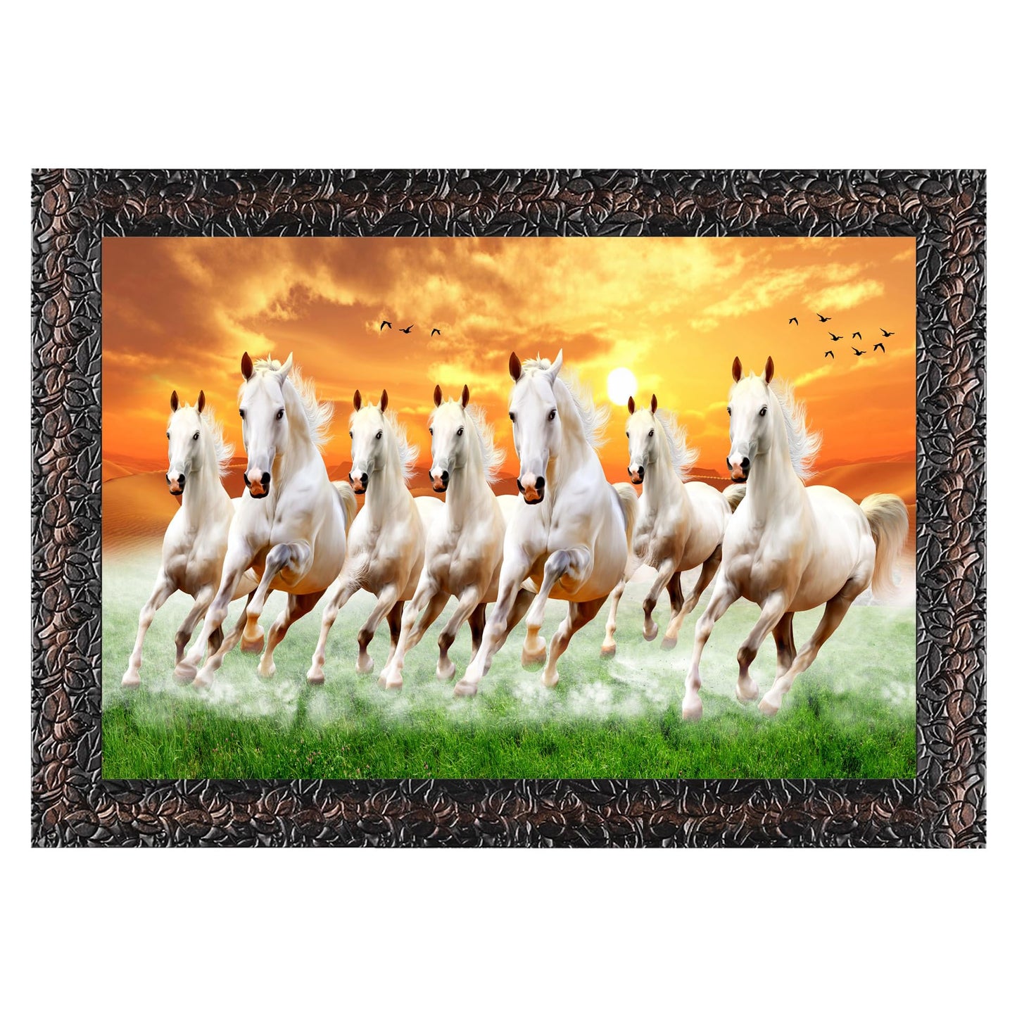 Indianara Vastu Runing Seven Horses Painting With Frame 13 Inches X 10 Inches (Style 1)