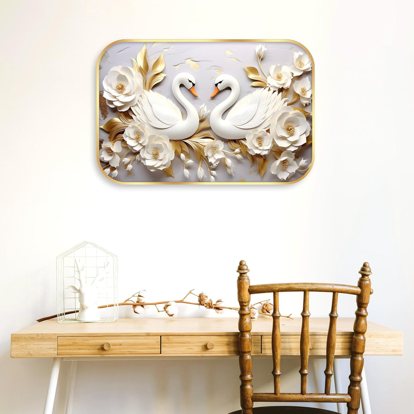 Indianara White Swan Wall Art with Gold Roses, Digital Print, Gold Frame, 45 x 30 cm, Landscape
