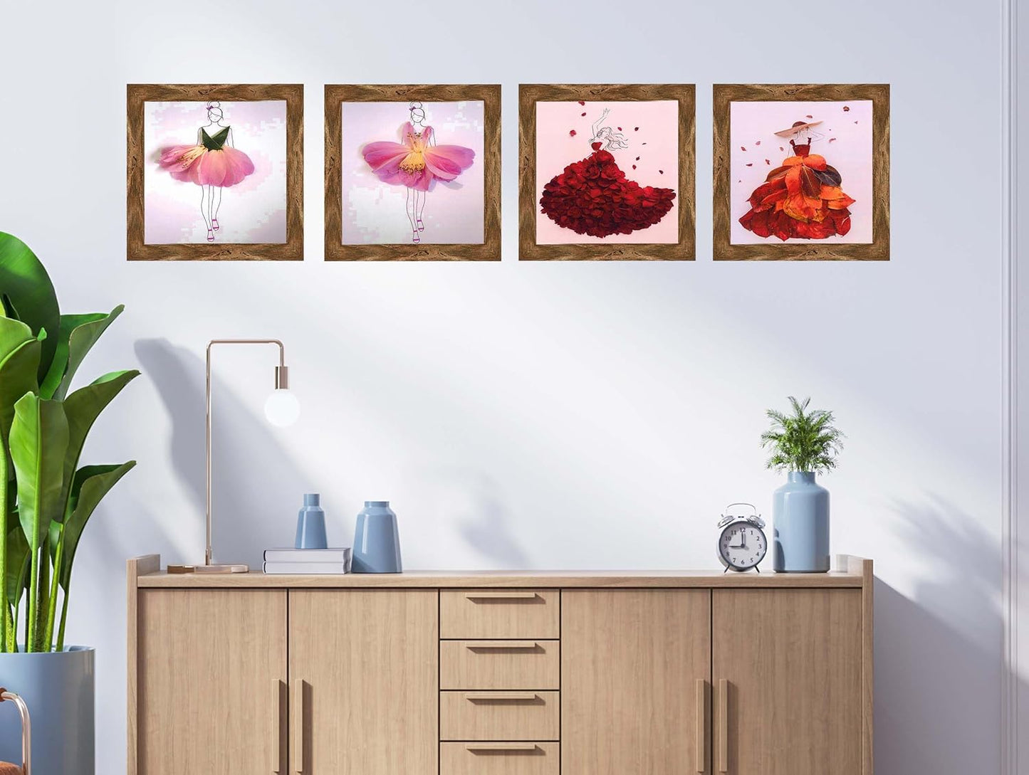 Indianara Fashion Wall Art Print Set, 4 Pieces Floral Dress Designs, 24.13 x 24.13 cm Each, Walnut Frames (6525 WNT)