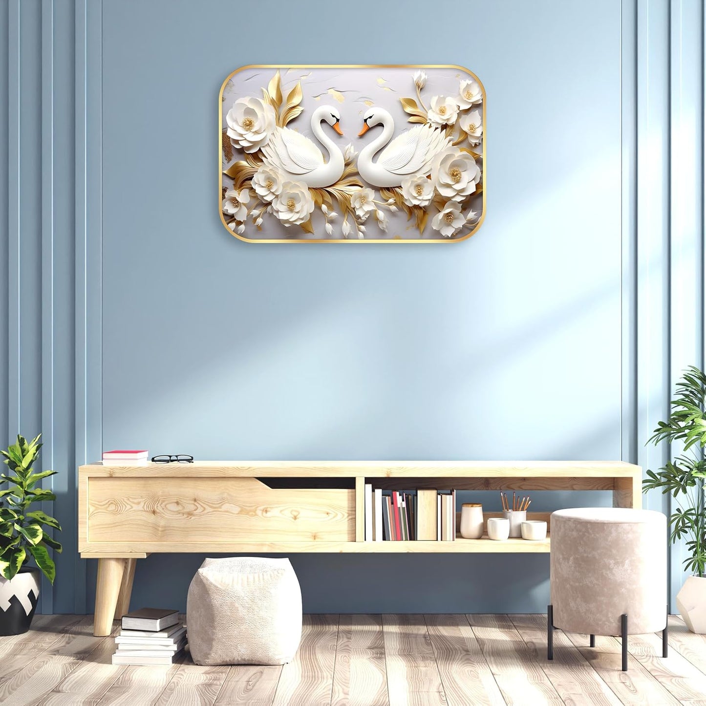 Indianara White Swan Wall Art with Gold Roses, Digital Print, Gold Frame, 45 x 30 cm, Landscape