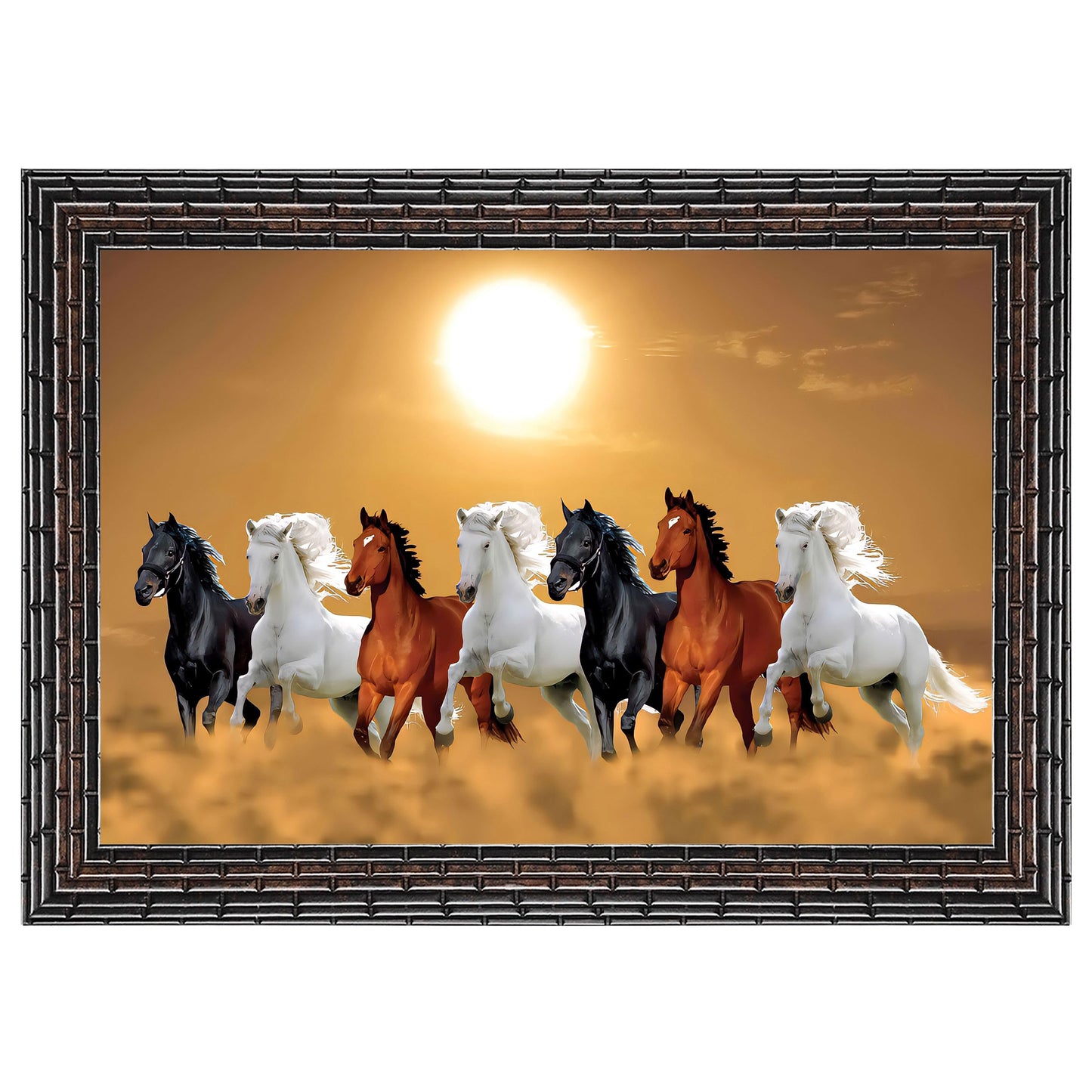 Indianara Vastu Runing Seven Horses Painting With Frame 13 Inches X 10 Inches (Style 1)
