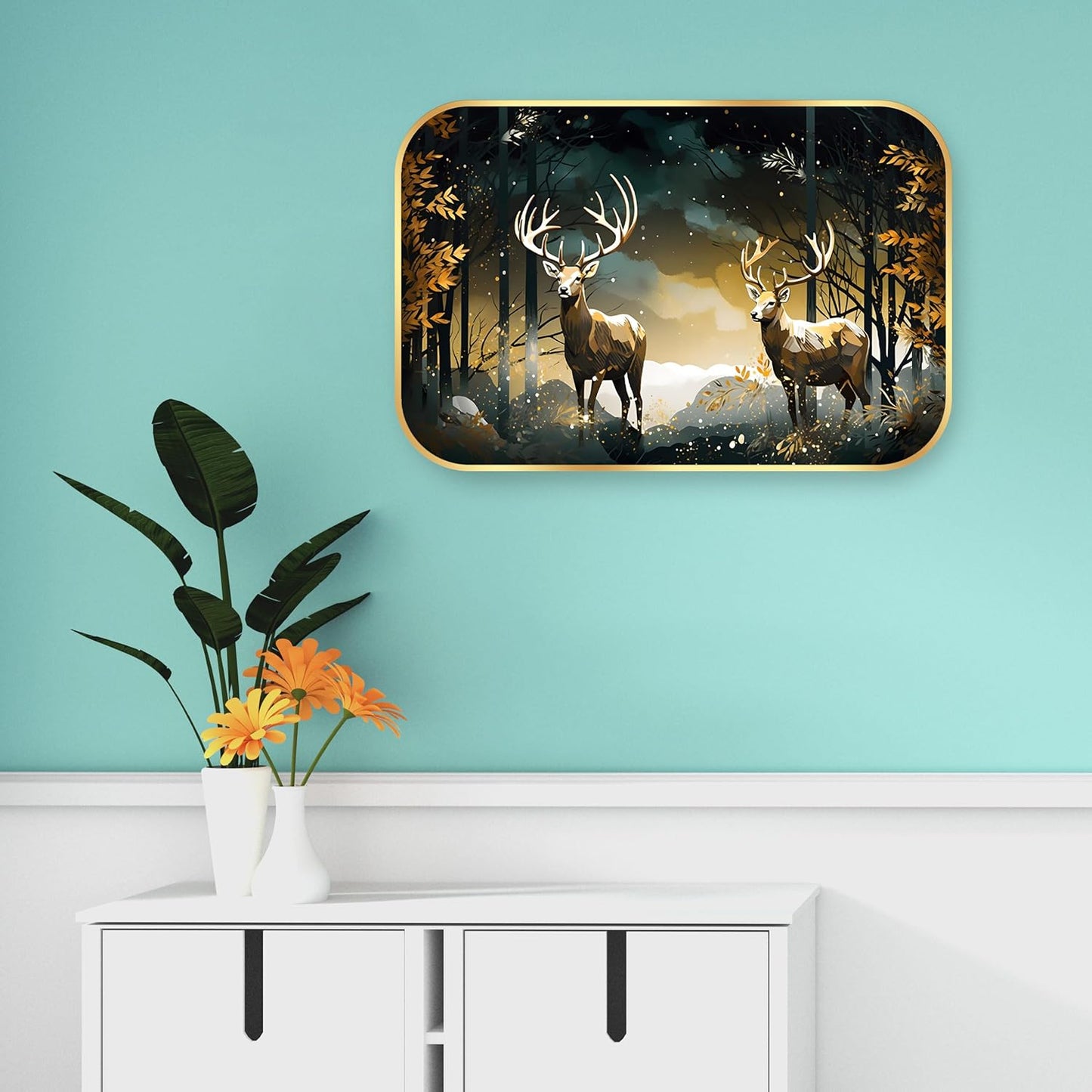 Indianara Whitetail Deer Forest Scene Wall Art, Golden Frame, Digital Print with Matte Finish, 45 x 30 cm