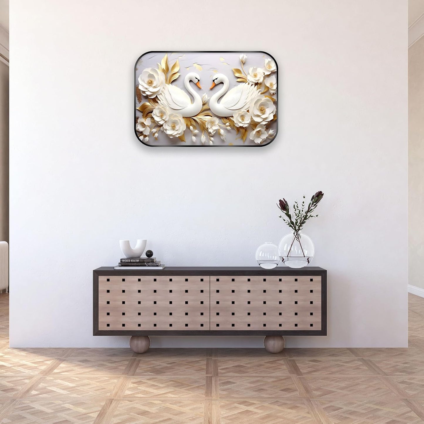 Indianara White Pair of Swan and Roses Digital Wall Art Print, Black Frame, 45 x 30 cm, Nature Theme, Landscape Orientation