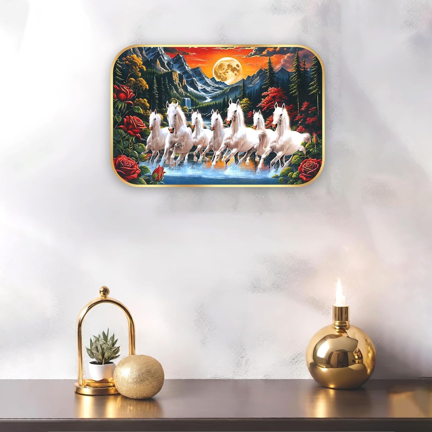 Indianara Seven Running White Horses Wall Art, Gold Frame, Night Scene with Purple Flowers, 45 x 30 cm (10913)