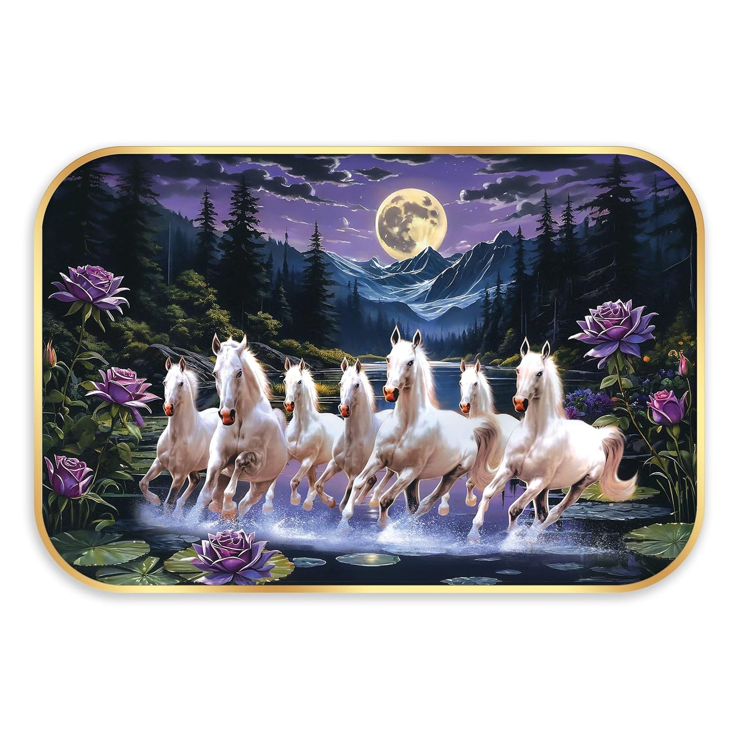 Indianara Seven Running White Horses Wall Art, Gold Frame, picturesque Scene, 45 x 30 cm