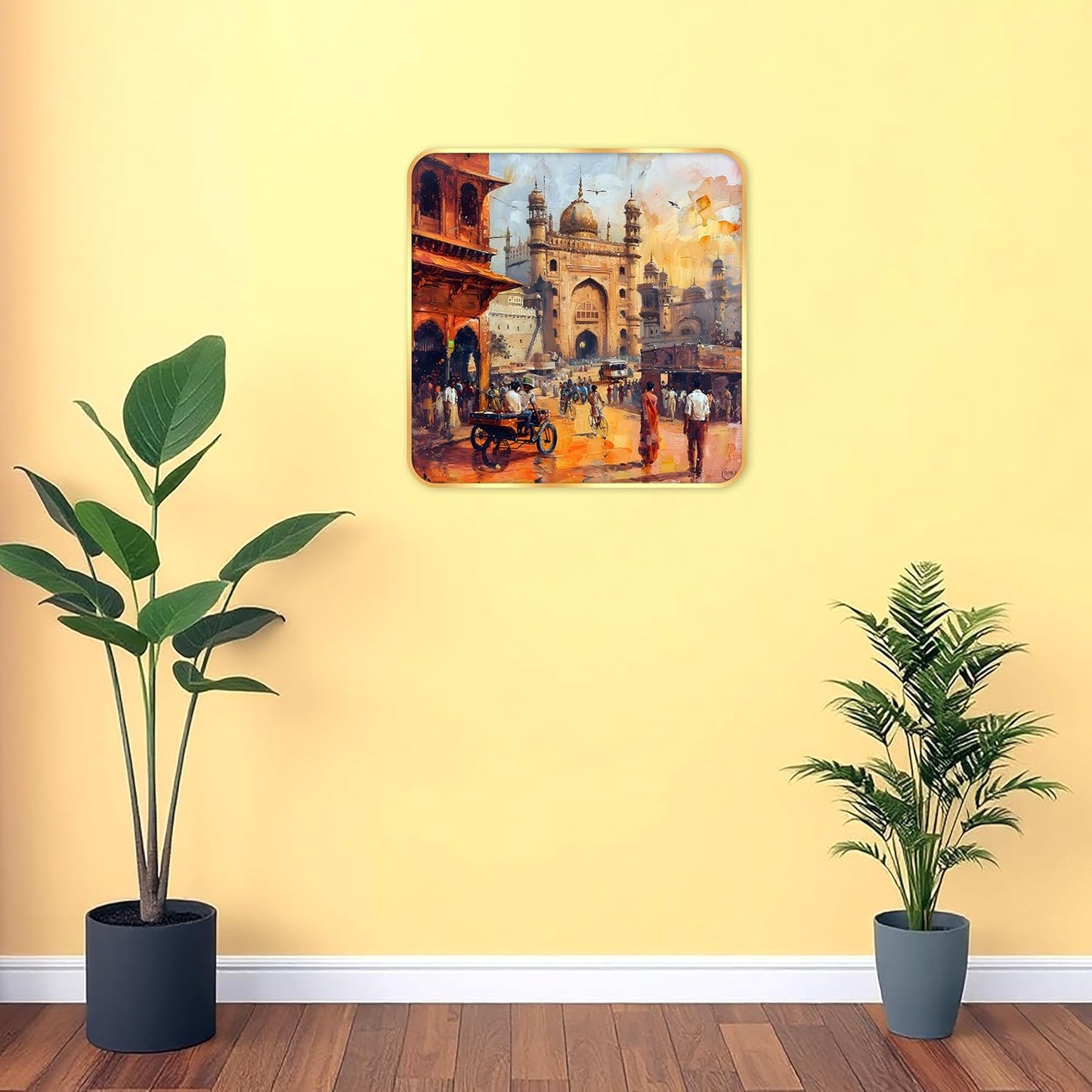 Indianara Ancient Indian Bazaar Scene Art Print, Golden Frame, Traditional Portrait, 40 cm x 40 cm, Premium Sparkle Lamination (6610)