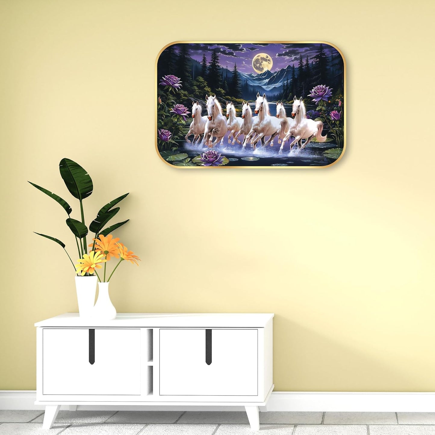 Indianara Seven Running White Horses Wall Art, Gold Frame, picturesque Scene, 45 x 30 cm