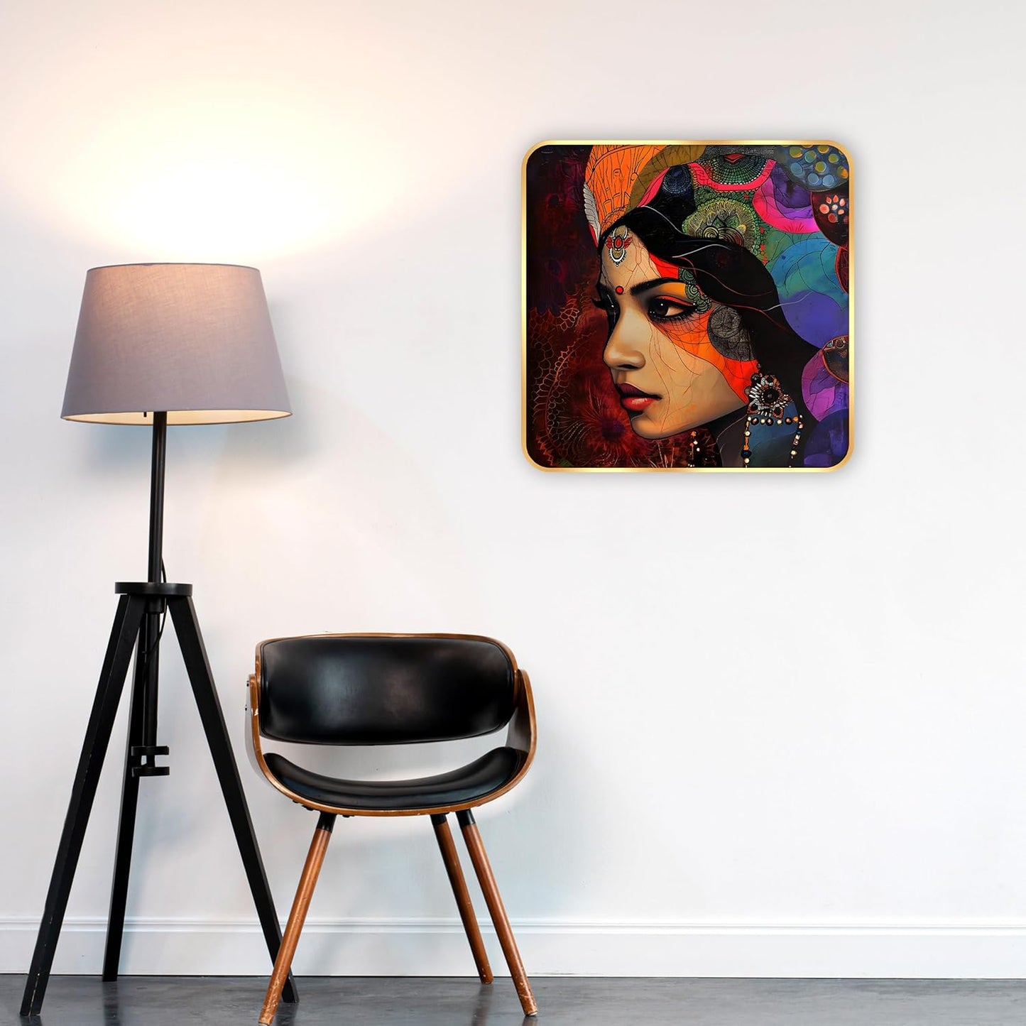 Indianara Beautiful Indian Woman Art Print with Golden Frame, Traditional Portrait, 40 cm x 40 cm, Premium Sparkle Lamination (6611)