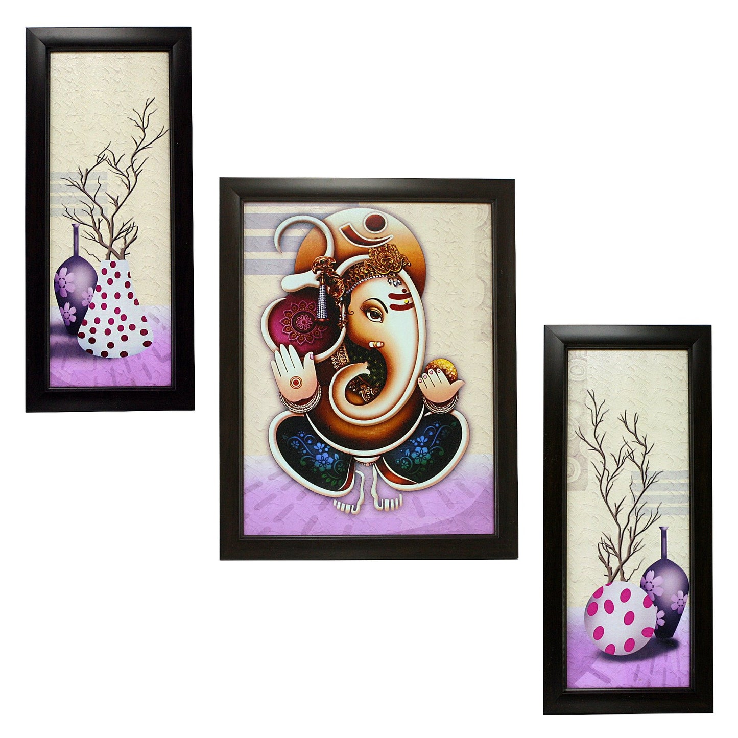 Indianara 3 PC Set of Lord Ganesha Paintings (1164) Without Glass 5.2 X 12.5, 9.5 X 12.5, 5.2 X 12.5 INCH-Multicolour