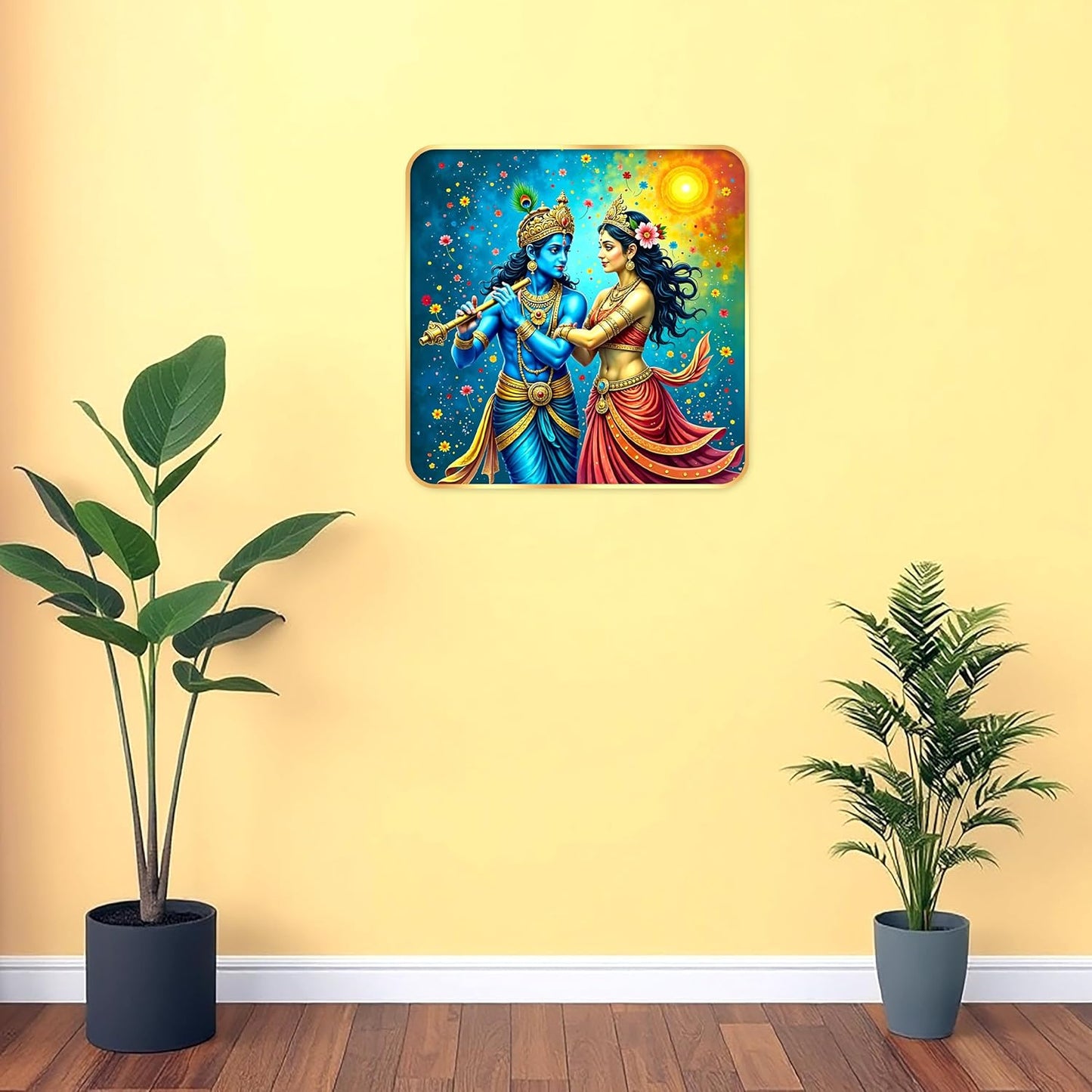 Indianara Traditional Radha Krishna Art Print, Golden Frame with Premium Sparkle Lamination, 40 cm x 40 cm (6673)