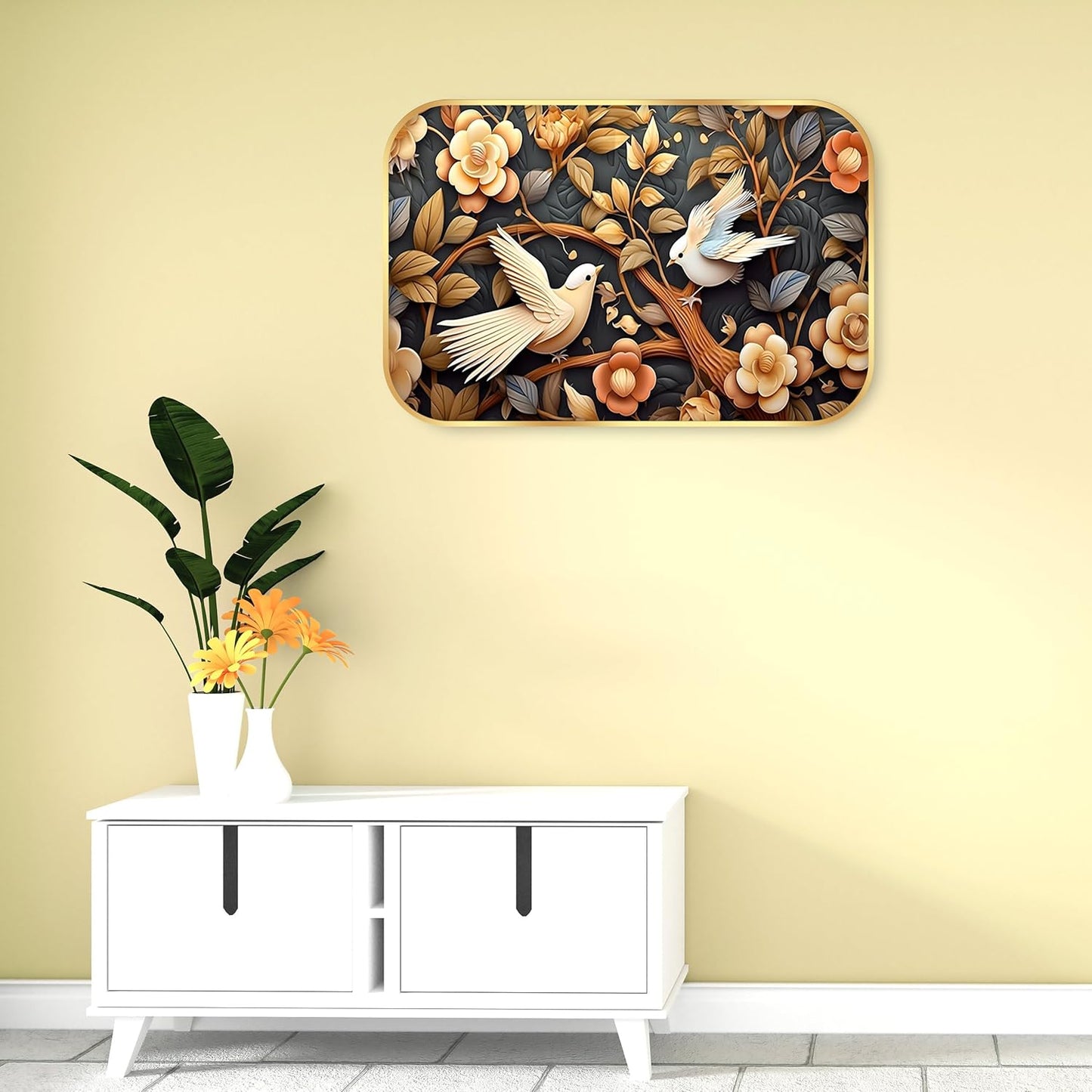Indianara Birds and Flowers Digital Wall Art, Golden Frame with Premium Lamination, 45 x 30 cm, Black and Gold