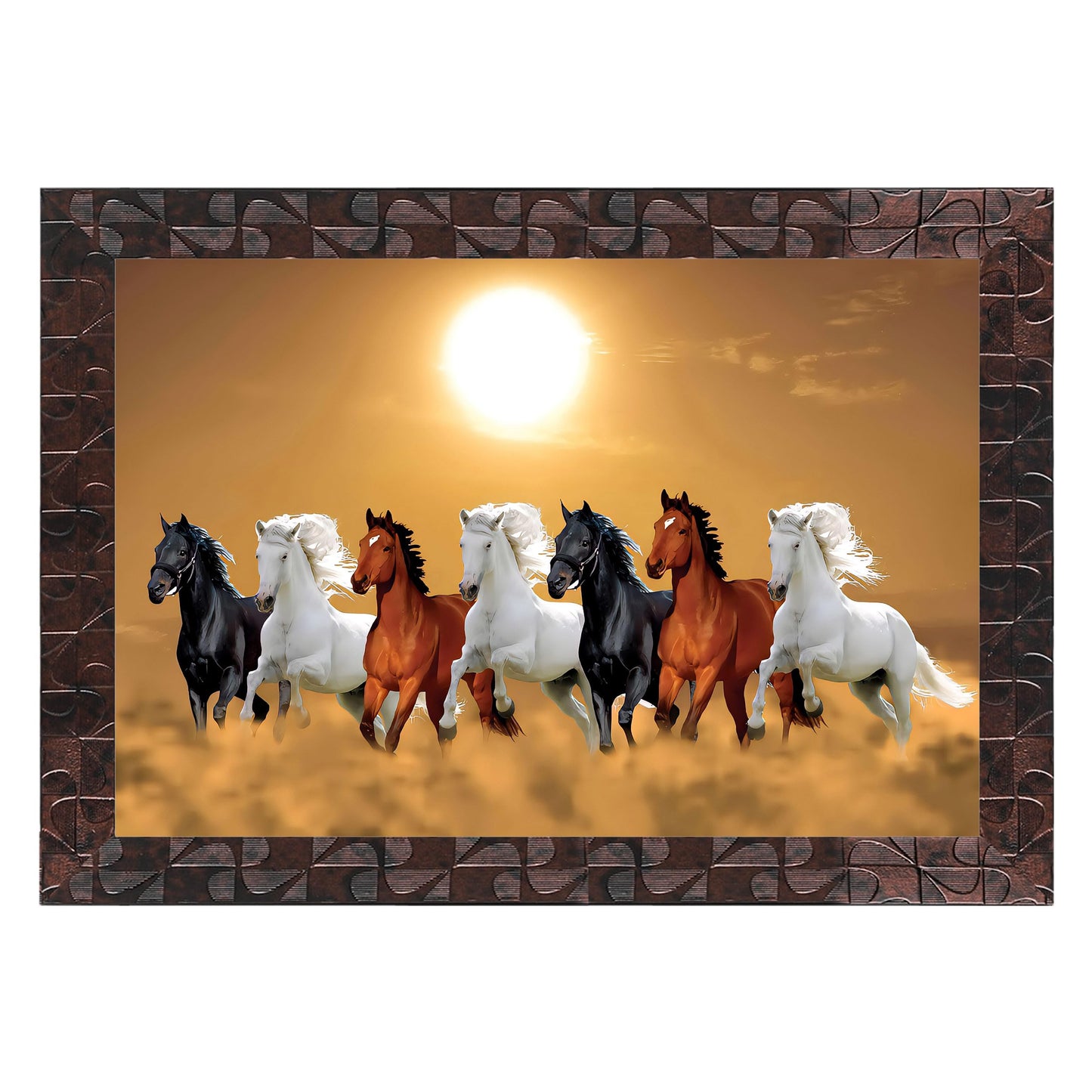 Indianara Vastu Runing Seven Horses Painting With Frame 13 Inches X 10 Inches (Style 1)