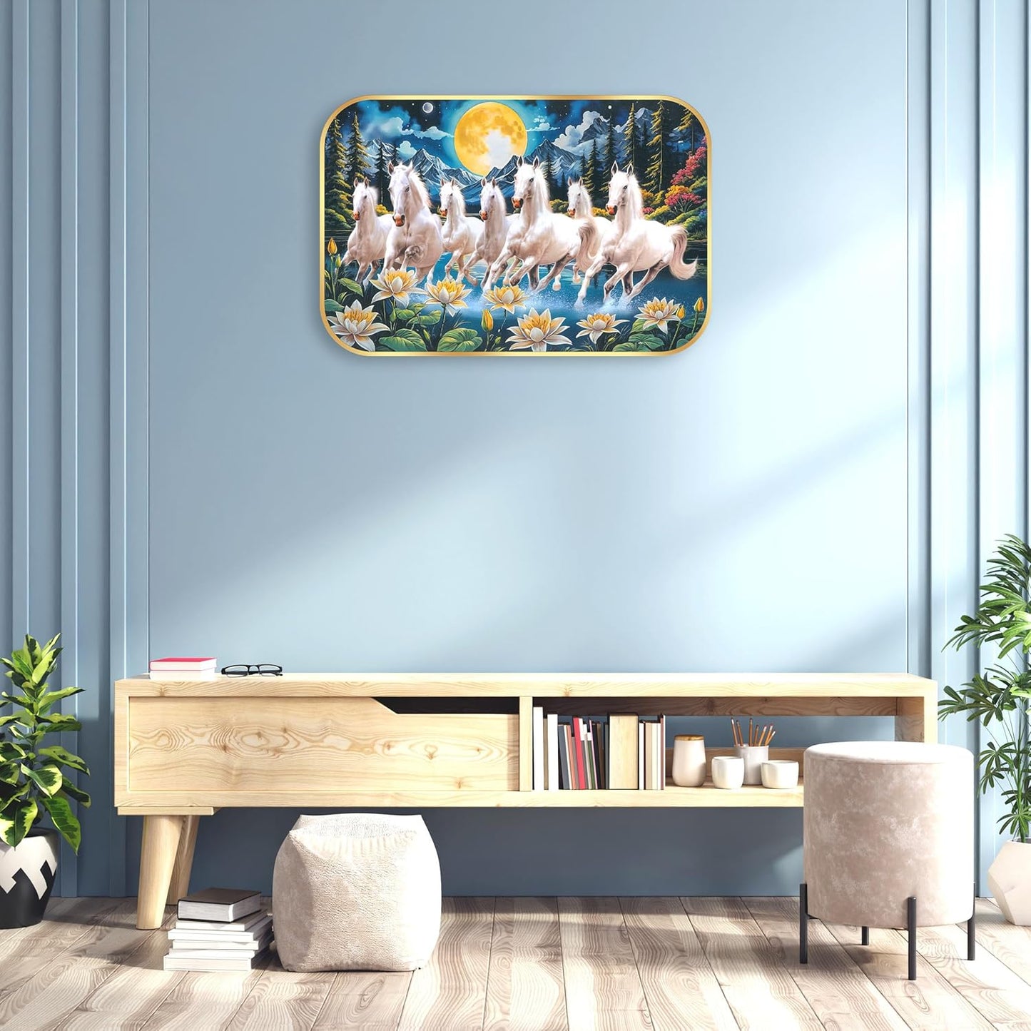 Indianara Seven Running White Horses Wall Art, Gold Frame, Night Scene with Purple Flowers, 45 x 30 cm (10915)