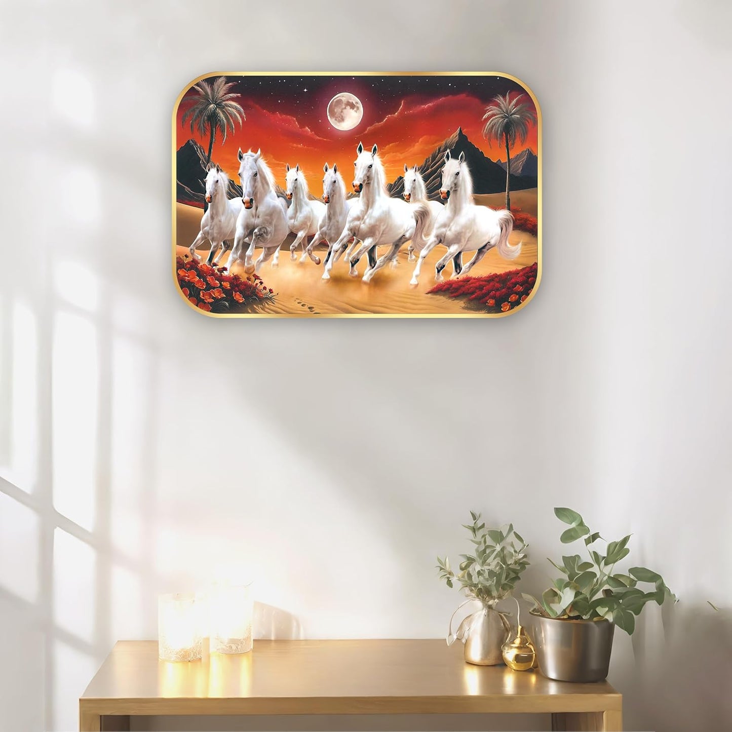 Indianara Seven Running White Horses Wall Art, Gold Frame, Night Scene with Purple Flowers, 45 x 30 cm (10912)