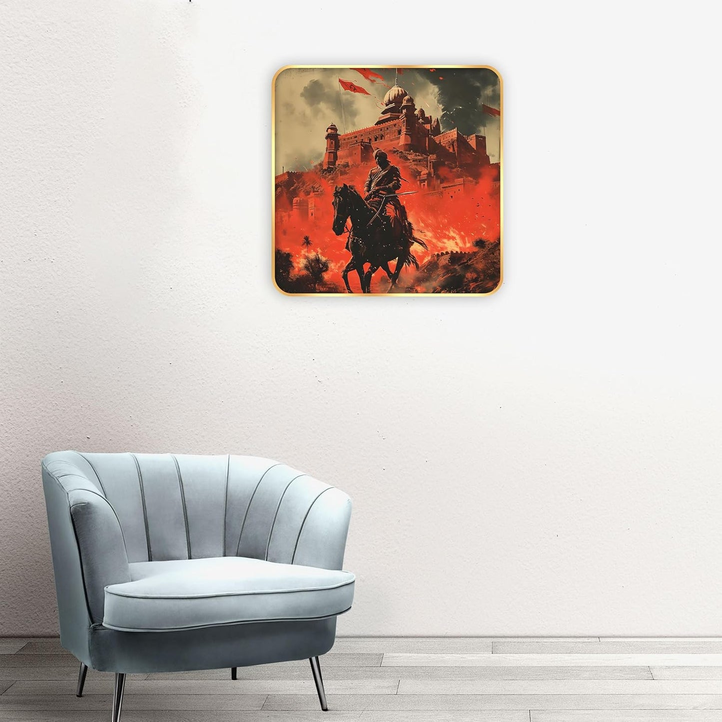 Indianara Historic Battle Scene Wall Art, Digital Print with Golden Frame, Premium Sparkle Lamination, 40 cm x 40 cm, (6608)