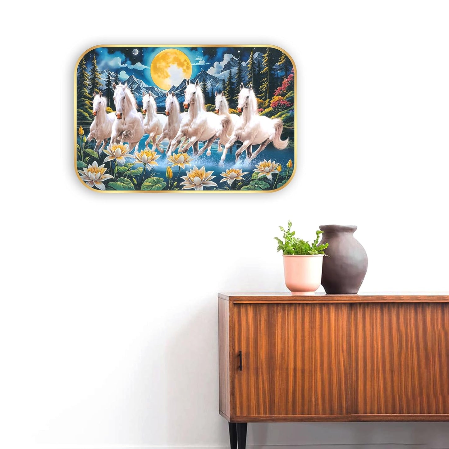 Indianara Seven Running White Horses Wall Art, Gold Frame, Night Scene with Purple Flowers, 45 x 30 cm (10915)