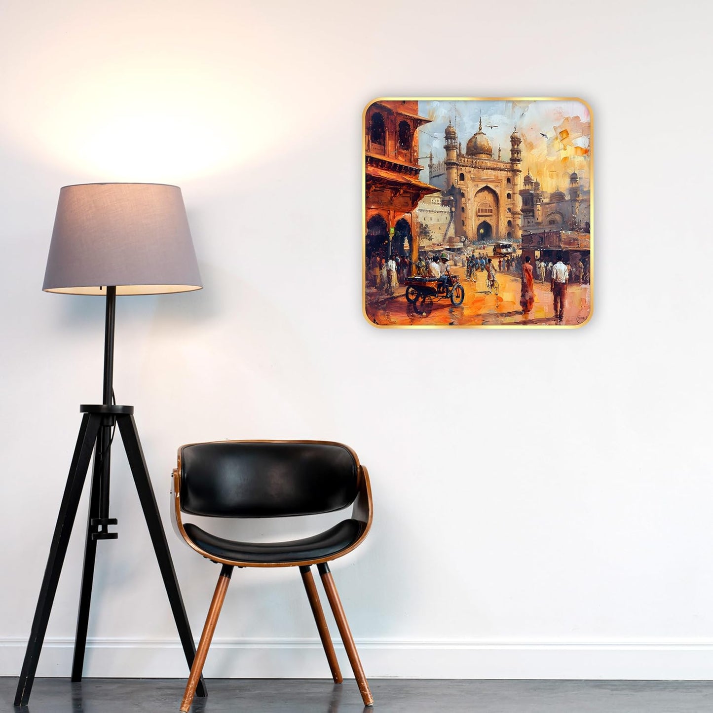 Indianara Ancient Indian Bazaar Scene Art Print, Golden Frame, Traditional Portrait, 40 cm x 40 cm, Premium Sparkle Lamination (6610)