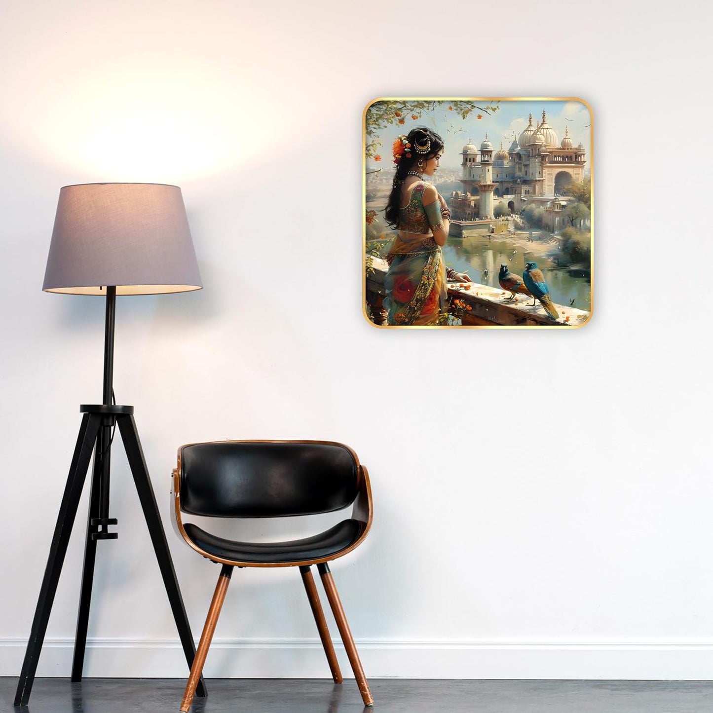 Indianara Beautiful Indian Woman Art Print with Golden Frame, Traditional Portrait, 40 cm x 40 cm, Premium Sparkle Lamination (6607)