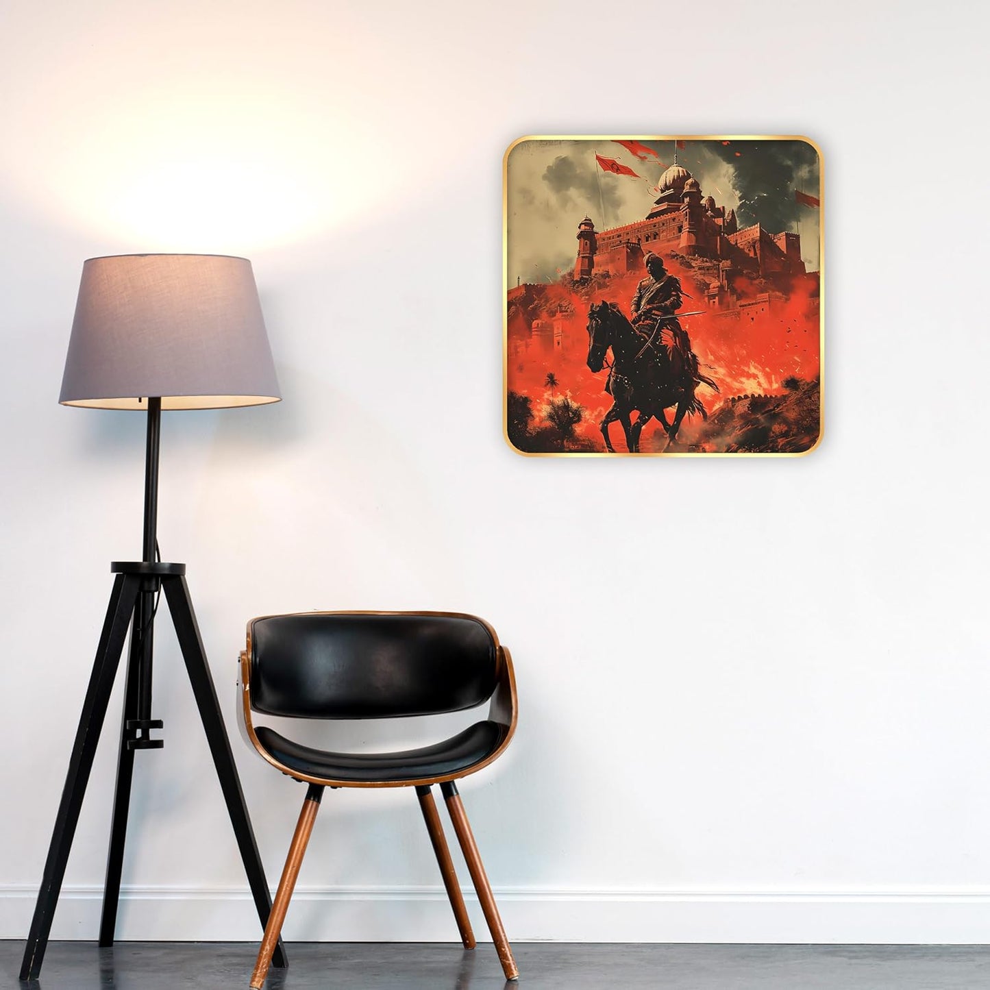 Indianara Historic Battle Scene Wall Art, Digital Print with Golden Frame, Premium Sparkle Lamination, 40 cm x 40 cm, (6608)