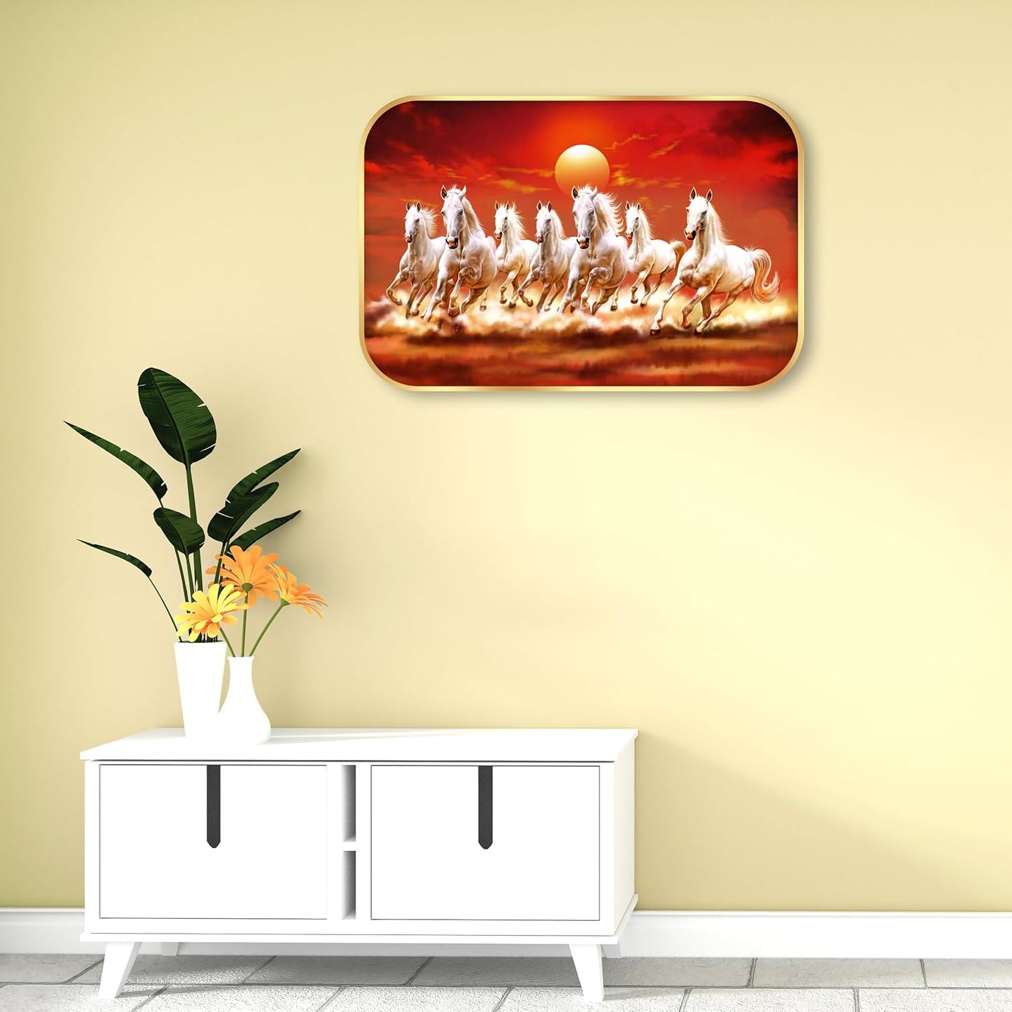 Indianara Seven Running White Horses Vastu Wall Art, Gold Frame, Digital Print, 45 x 30 cm (10927)