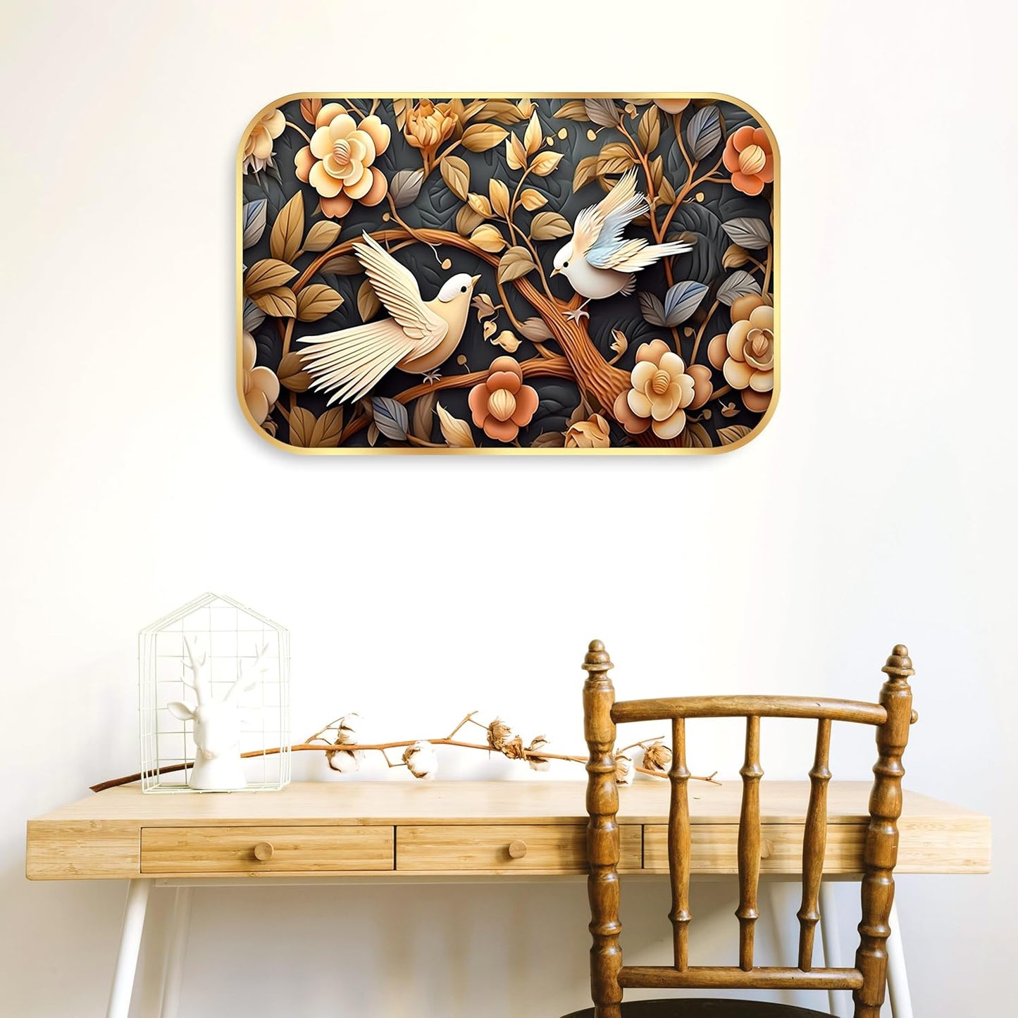 Indianara Birds and Flowers Digital Wall Art, Golden Frame with Premium Lamination, 45 x 30 cm, Black and Gold