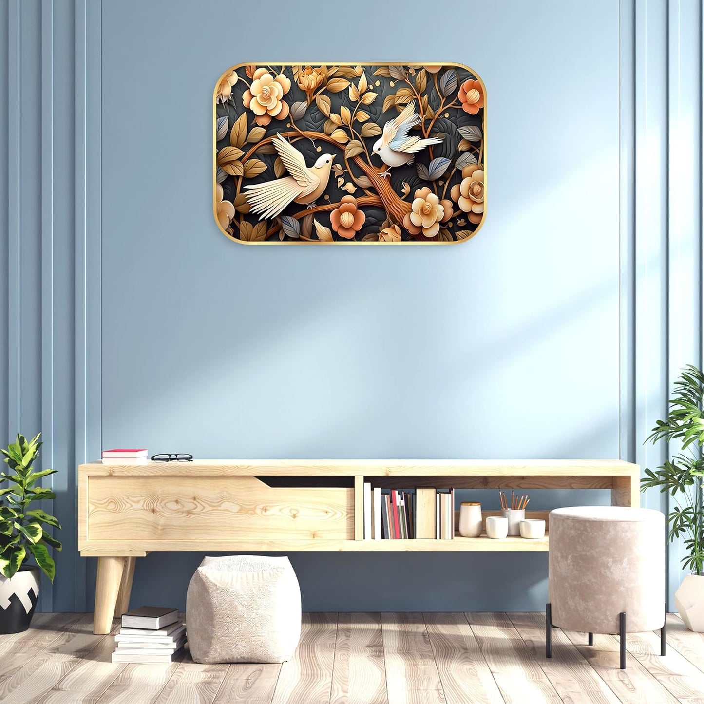 Indianara Birds and Flowers Digital Wall Art, Golden Frame with Premium Lamination, 45 x 30 cm, Black and Gold