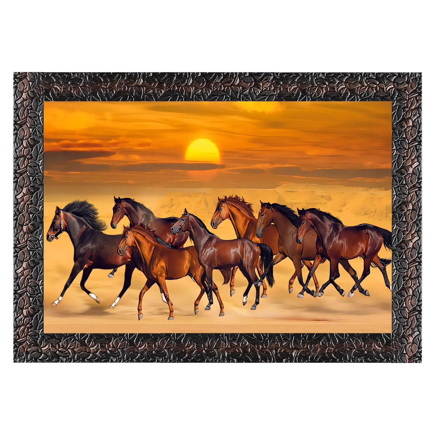 Indianara Vastu Runing Seven Horses Painting With Frame 13 Inches X 10 Inches (Style 1)