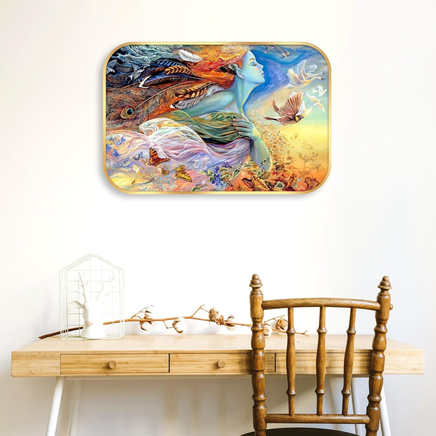 Indianara Fantasy Nature Wall Art, Digital Print with Beautiful Woman Feathers and Butterflies Design, Gold Frame, 45 x 30 cm