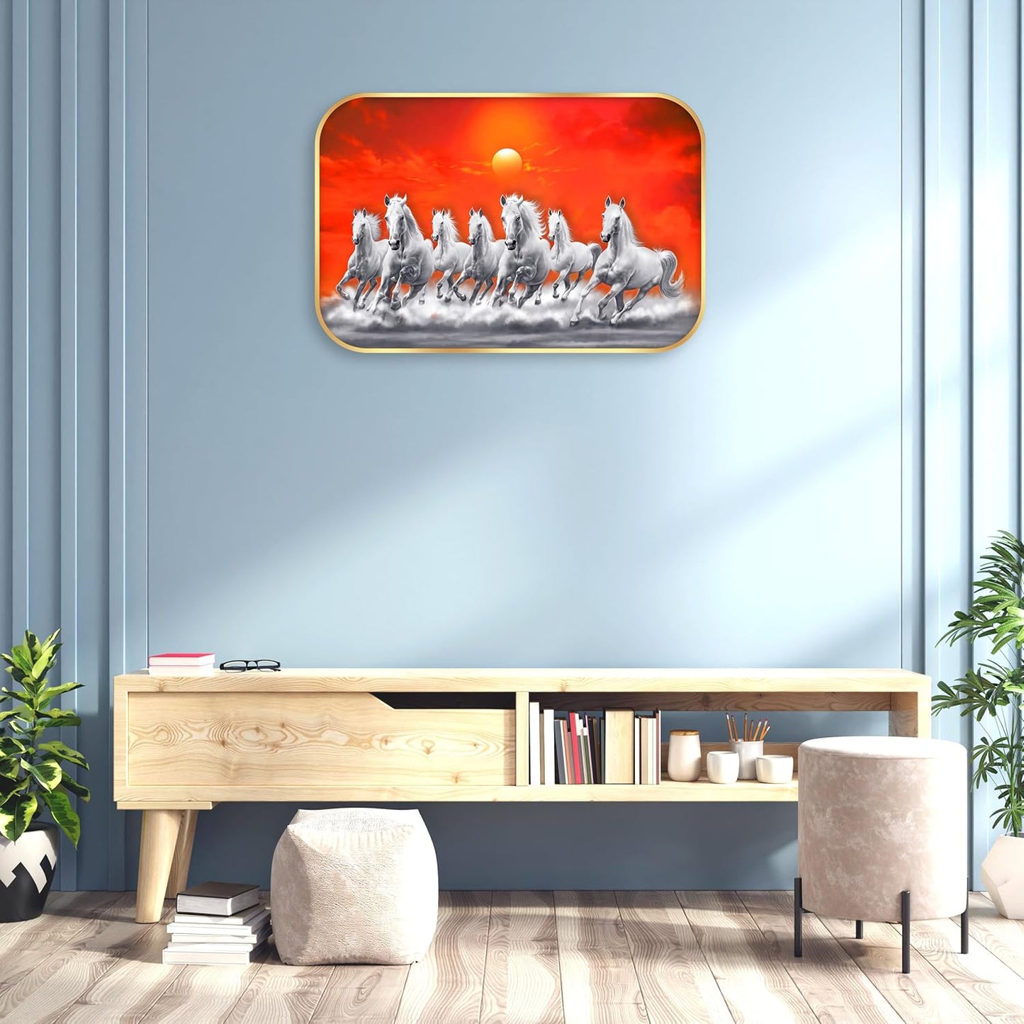 Indianara Seven Running White Horses Wall Art, Gold Frame, Night Scene with Purple Flowers, 45 x 30 cm (10929)