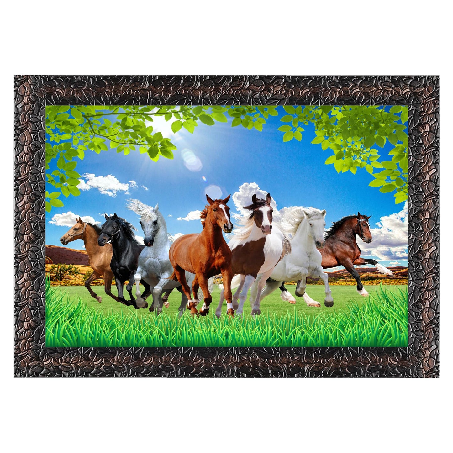 Indianara Vastu Runing Seven Horses Painting With Frame 13 Inches X 10 Inches (Style 1)