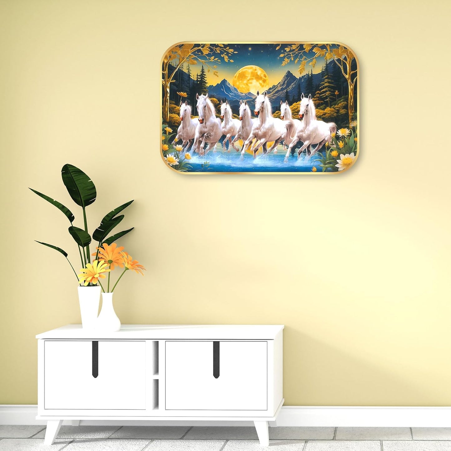 Indianara Seven Running White Horses Wall Art, Gold Frame, Night Scene with Purple Flowers, 45 x 30 cm (10916)