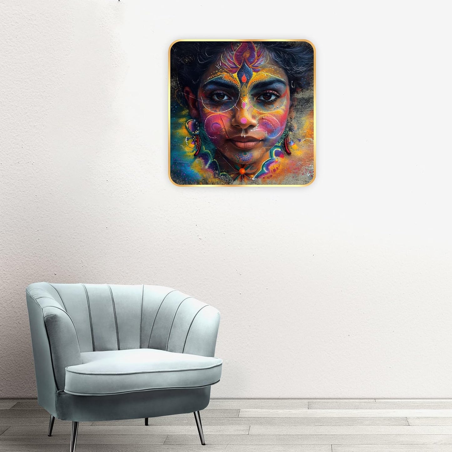 Indianara Beautiful Indian Woman Art Print with Golden Frame, Traditional Portrait, 40 cm x 40 cm, Premium Sparkle Lamination (6605)