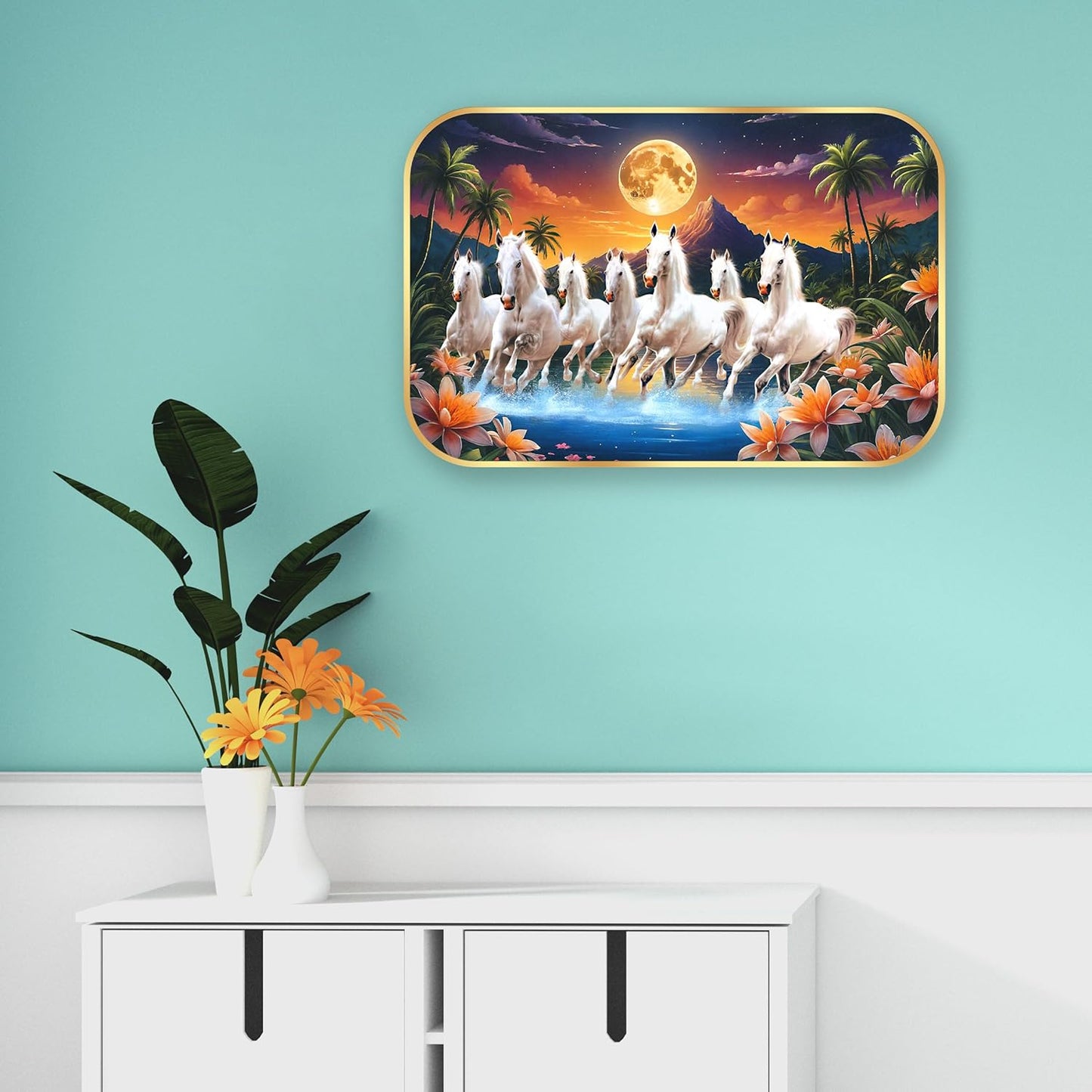 Indianara Seven Running White Horses Wall Art, Gold Frame, picturesque Scene, 45 x 30 cm (10907)