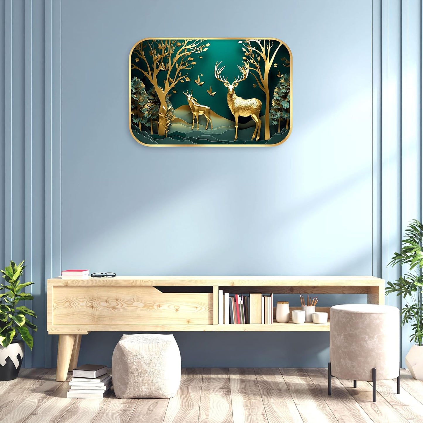 Indianara Golden Deer Forest Wall Art, Digital Print with Gold Frame, 45 x 30 cm, Emerald Green