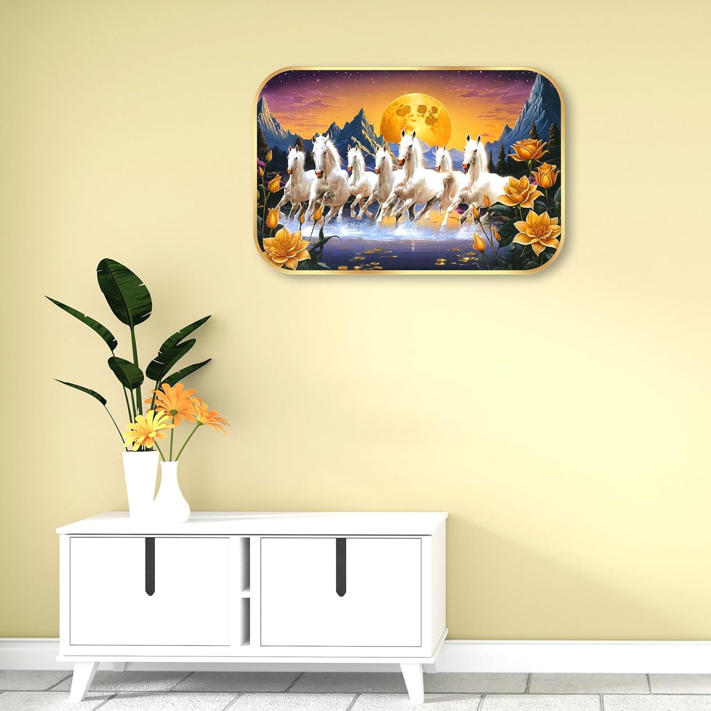 Indianara Seven Running White Horses Wall Art, Gold Frame, picturesque Sunrise Scene, 45 x 30 cm (10904)
