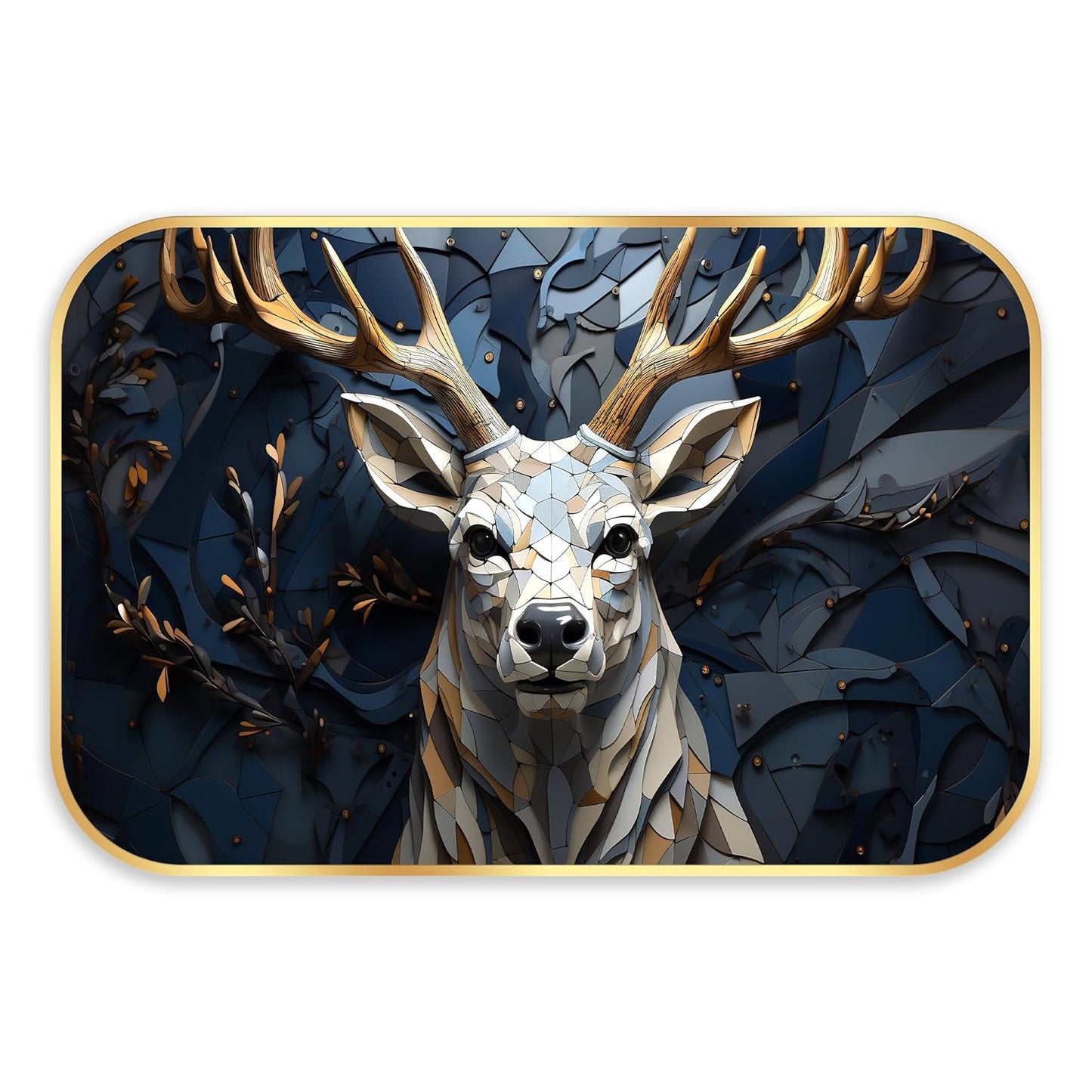 Indianara 3D Geometric Deer Wall Art, Gold Frame, 45 x 30 cm, Digital Print, Modern Design