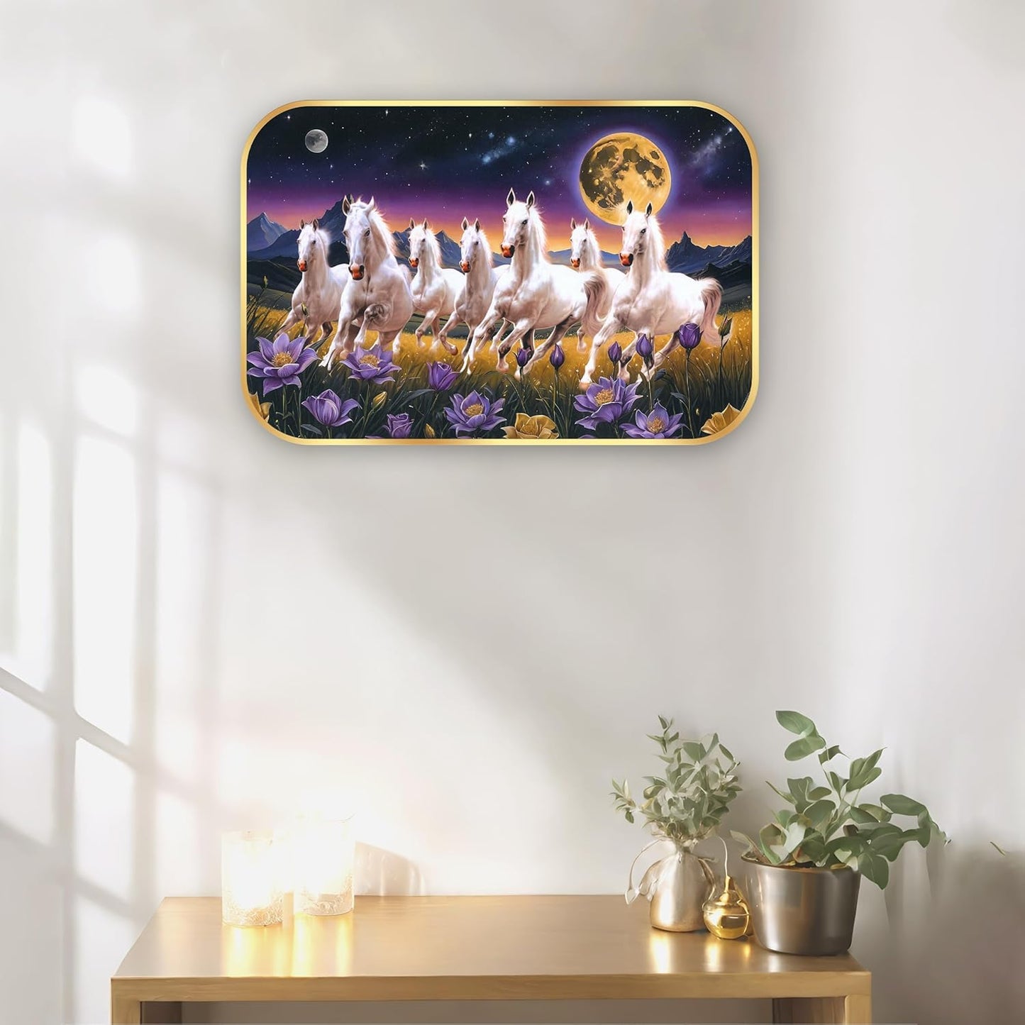 Indianara Seven Running White Horses Wall Art, Gold Frame, Night Scene with Purple Flowers, 45 x 30 cm (10911)