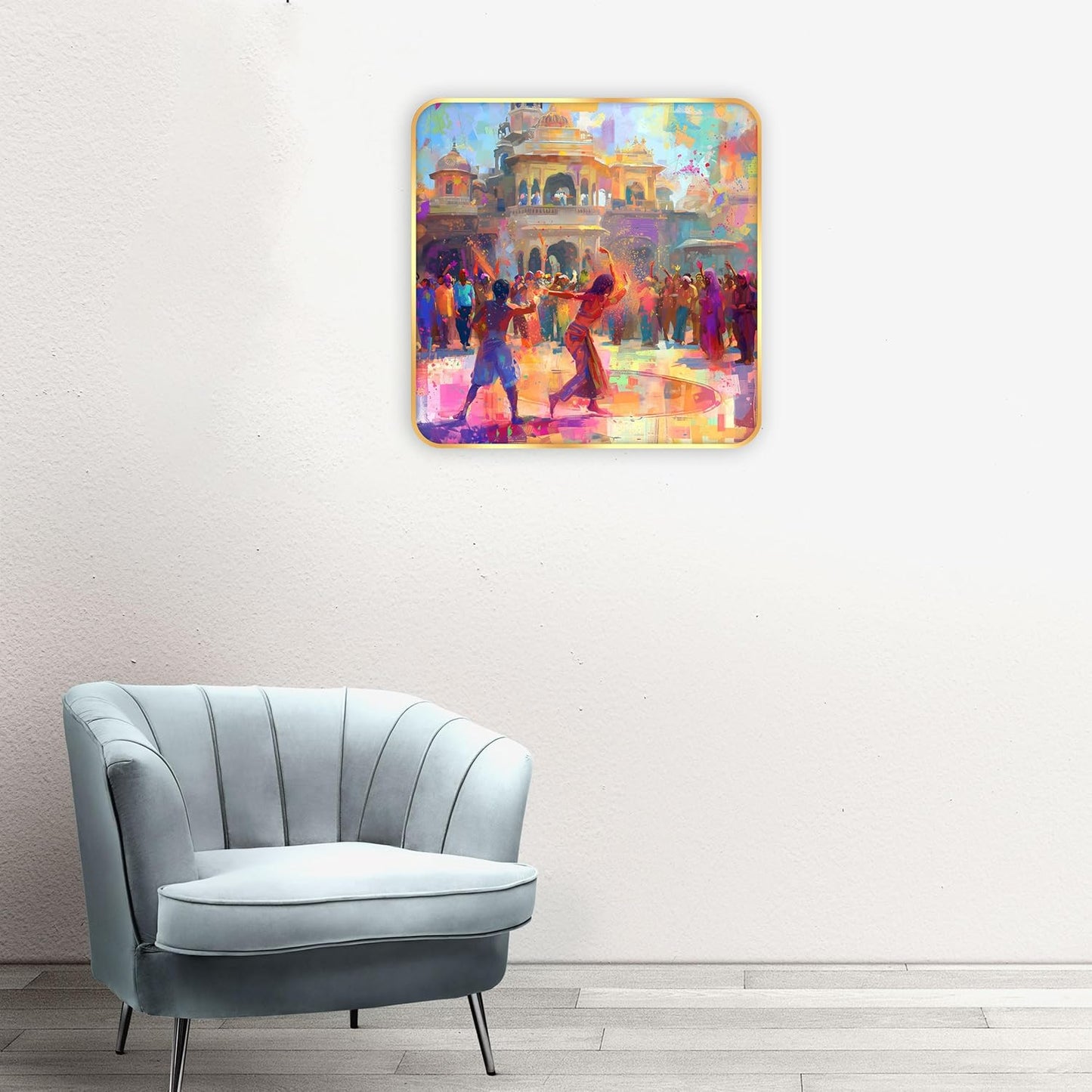 Indianara Beautiful Ancient Indian Holi Celebration Art Print with Golden Frame, Traditional Portrait, 40 cm x 40 cm, Premium Sparkle Lamination